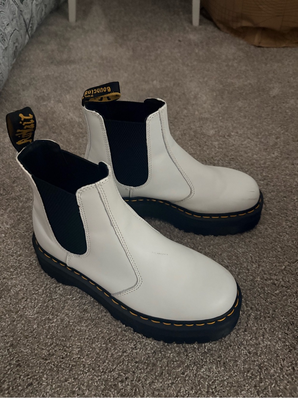 Dr. Martens White Chelsea Platform Booties with Black Elastic